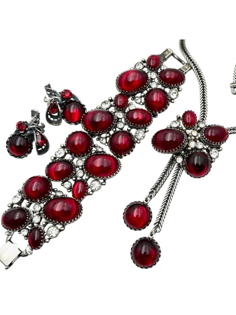 Vintage Unsigned Selro Selini 3 Piece Set Red Cabochon Necklace Bracelet Earring